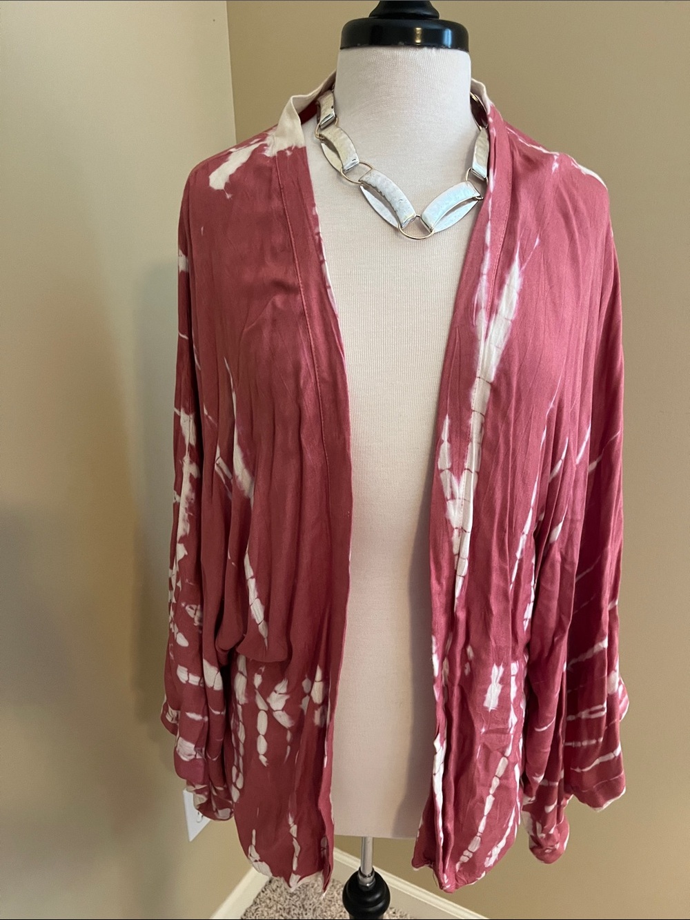 Style Envy Dusty Rose & White Tie-Dye Open Front Kimono